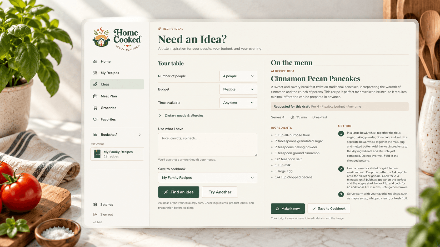 The Home Cooked recipe ideas screen, turning a short description into a draft recipe