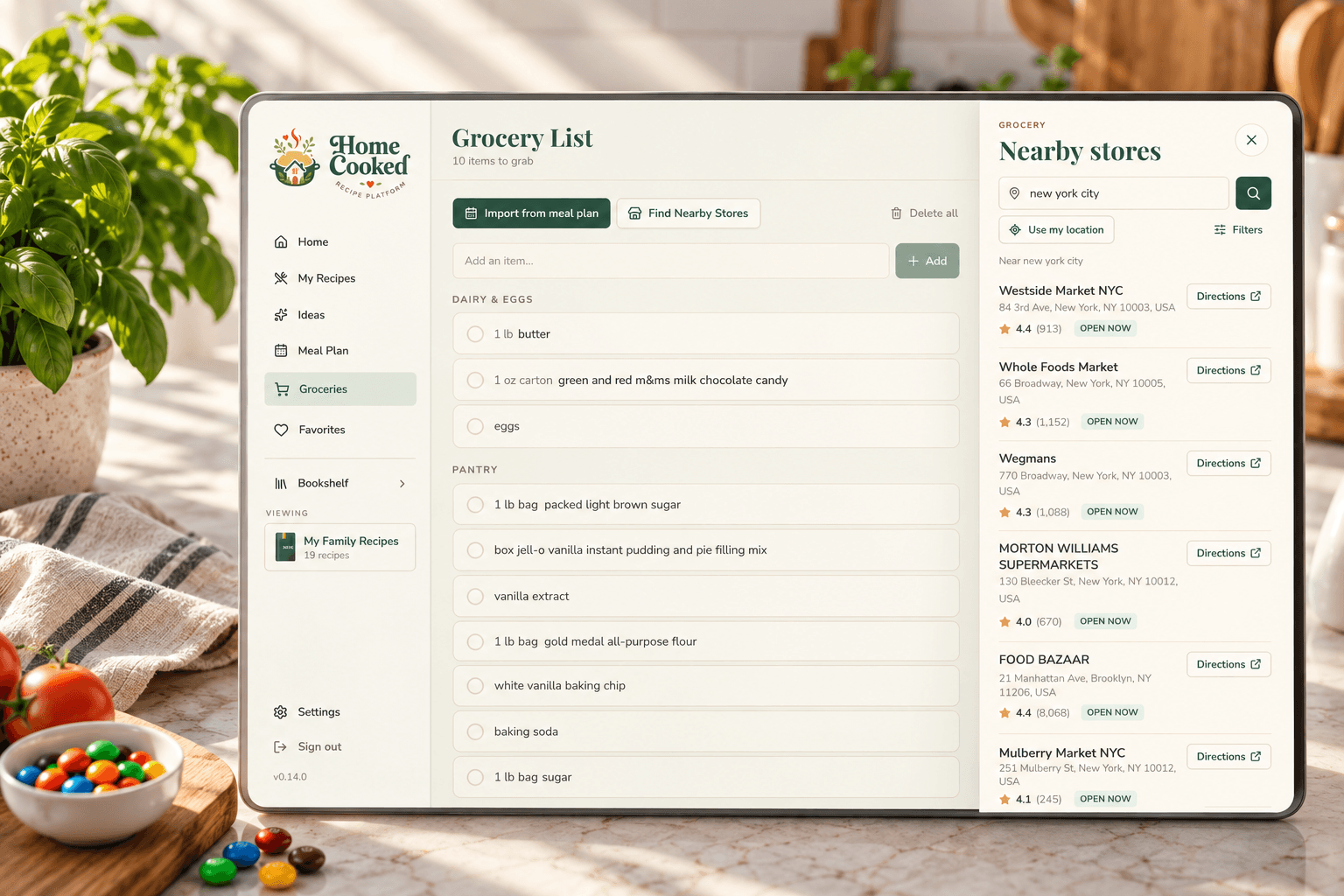 The grocery list in Home Cooked with categorized items and nearby store suggestions
