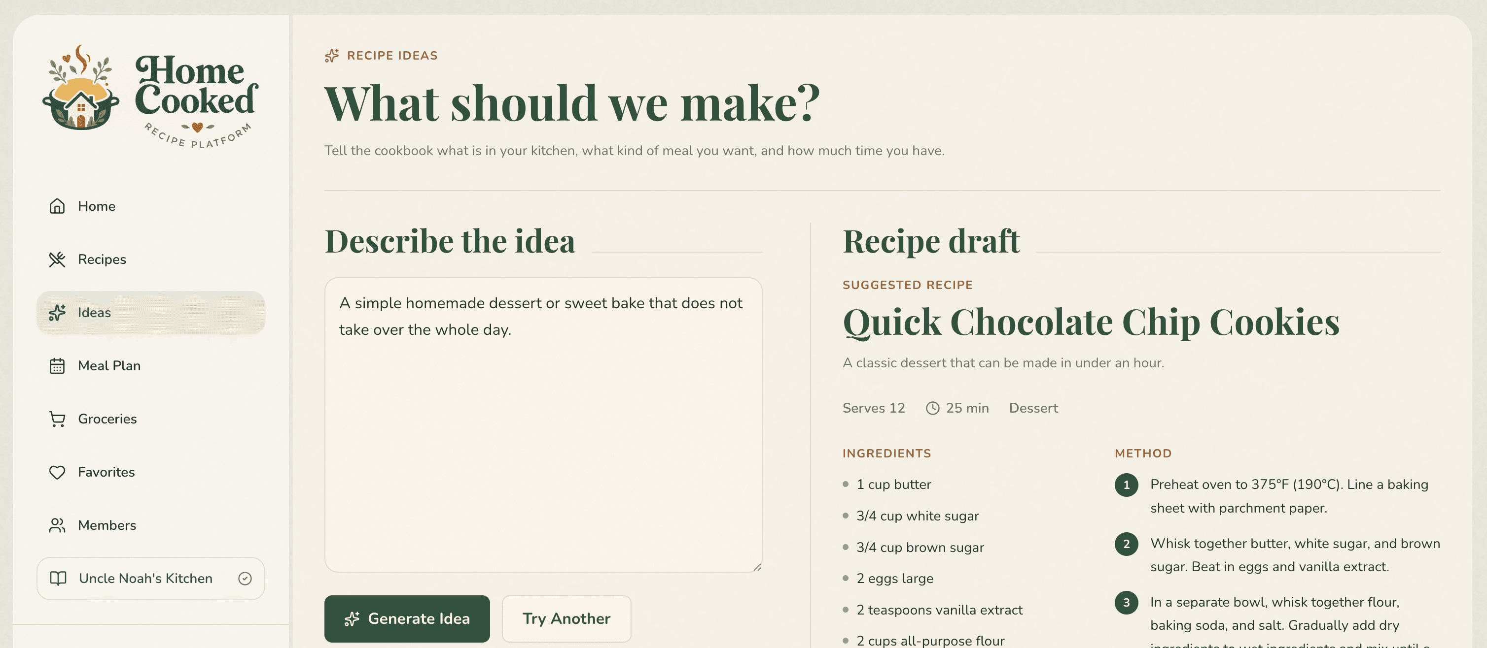 The Home Cooked recipe ideas screen, turning a short description into a draft recipe