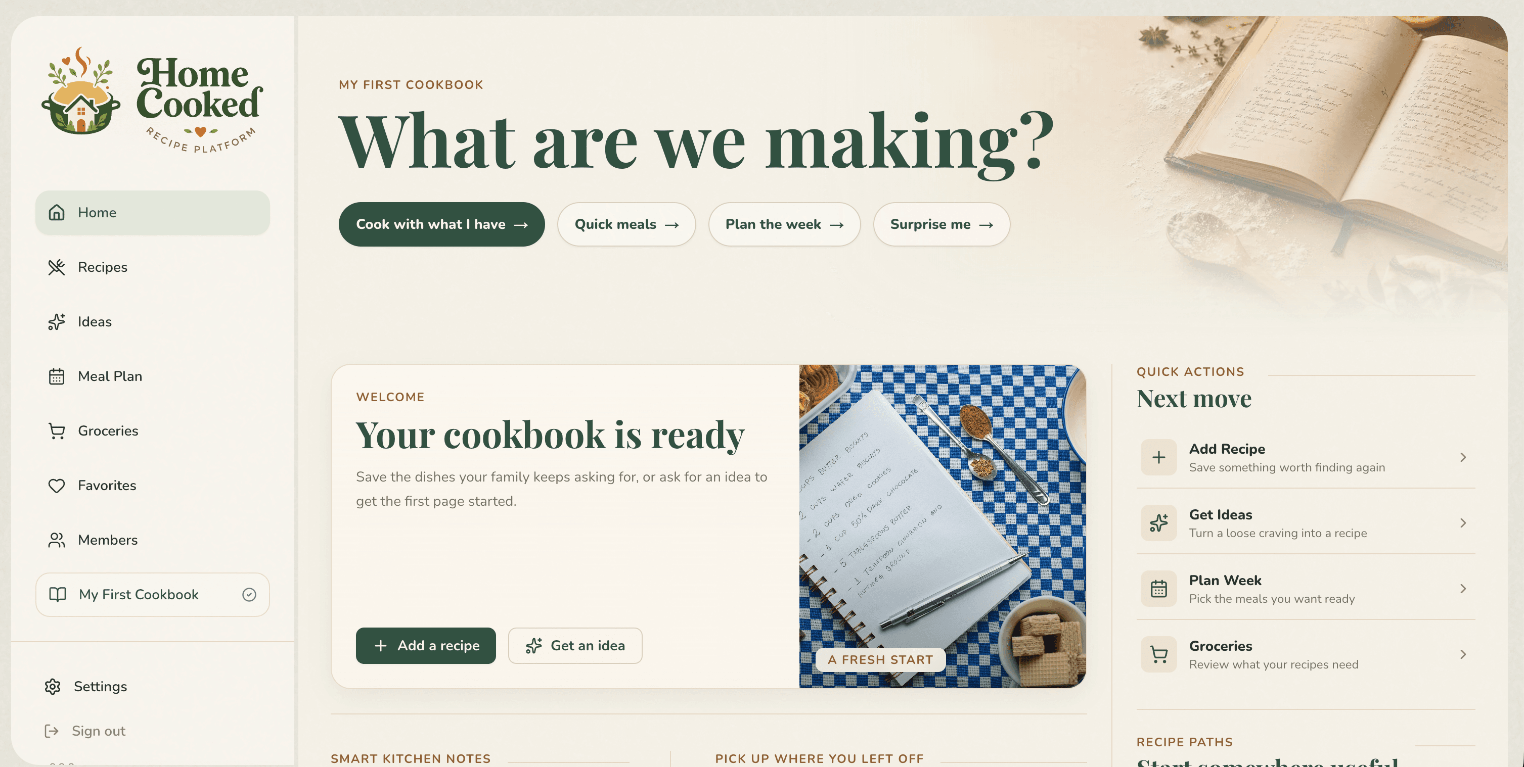 Home Cooked cookbook home screen with recipes, meal plan, and quick actions