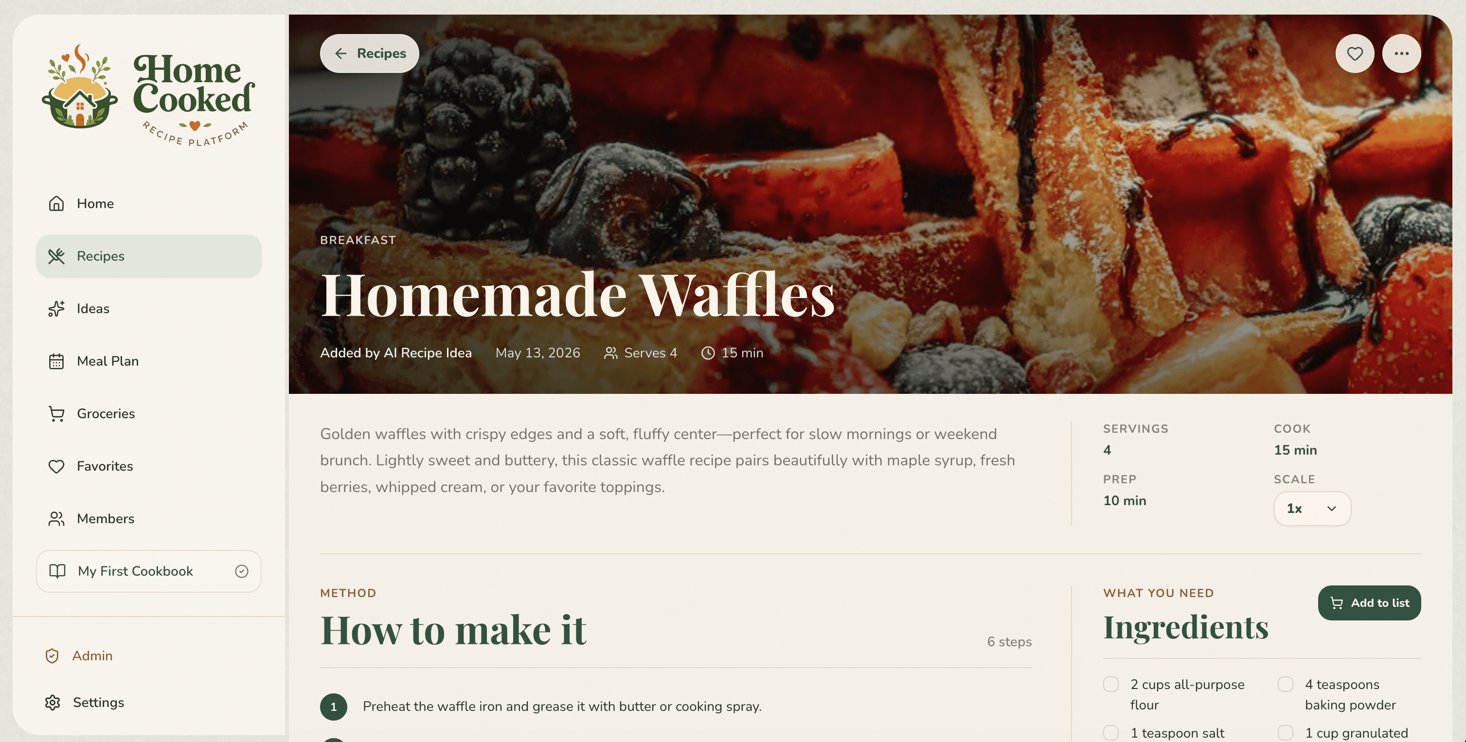 A recipe page in Home Cooked showing photo, ingredients, and step-by-step method