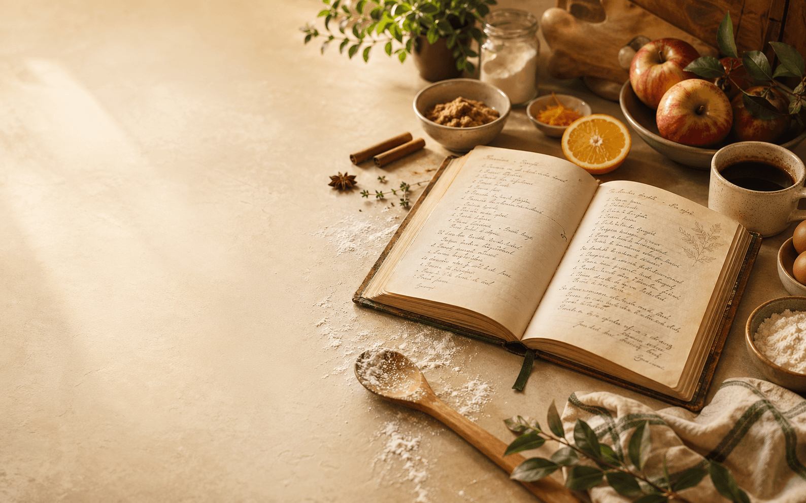 Open handwritten recipe book on a warm kitchen counter with apples, herbs, flour, spices, and coffee